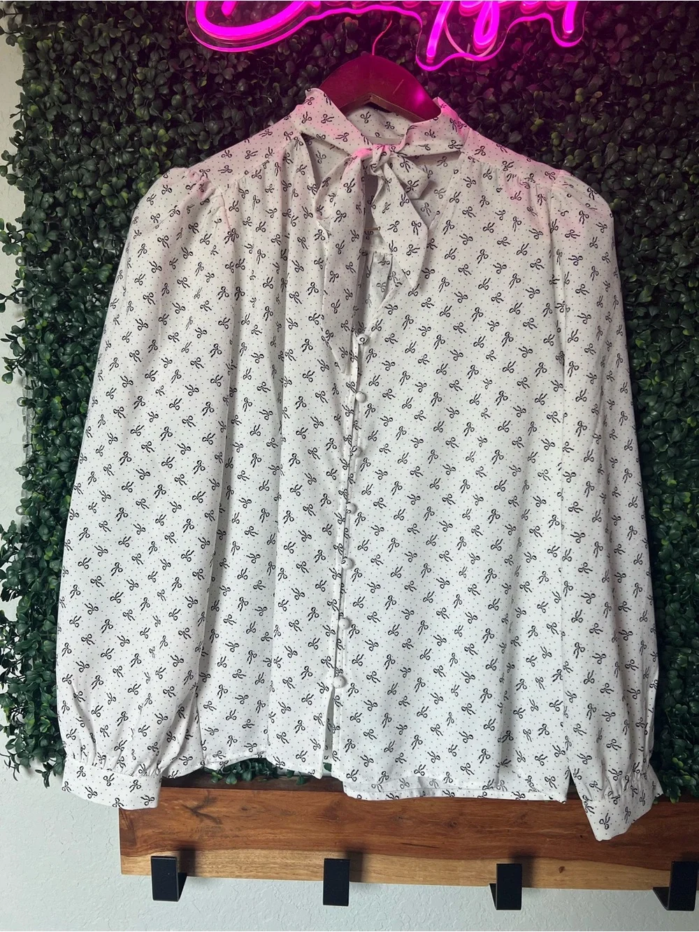 LOFT White Bow-Tie Button Up Blouse with Black Micro Bow Print
